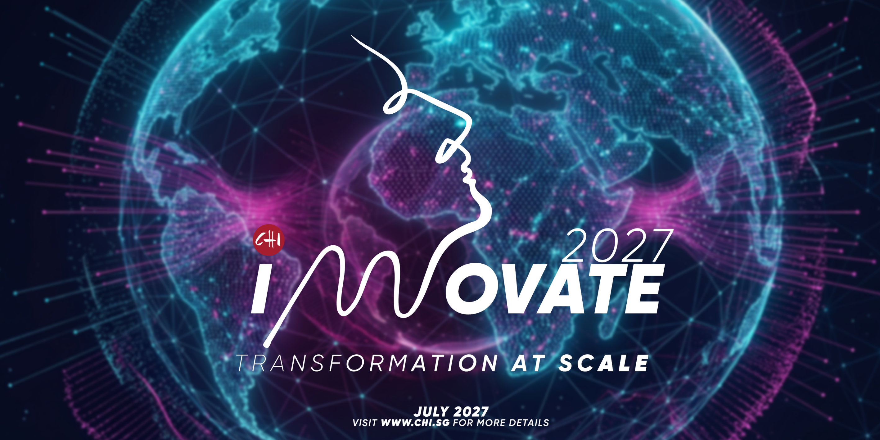 Neon digital globe with network lines, face outline, and text: 2027 INNOVATE, Transformation at Scale, July 2027.